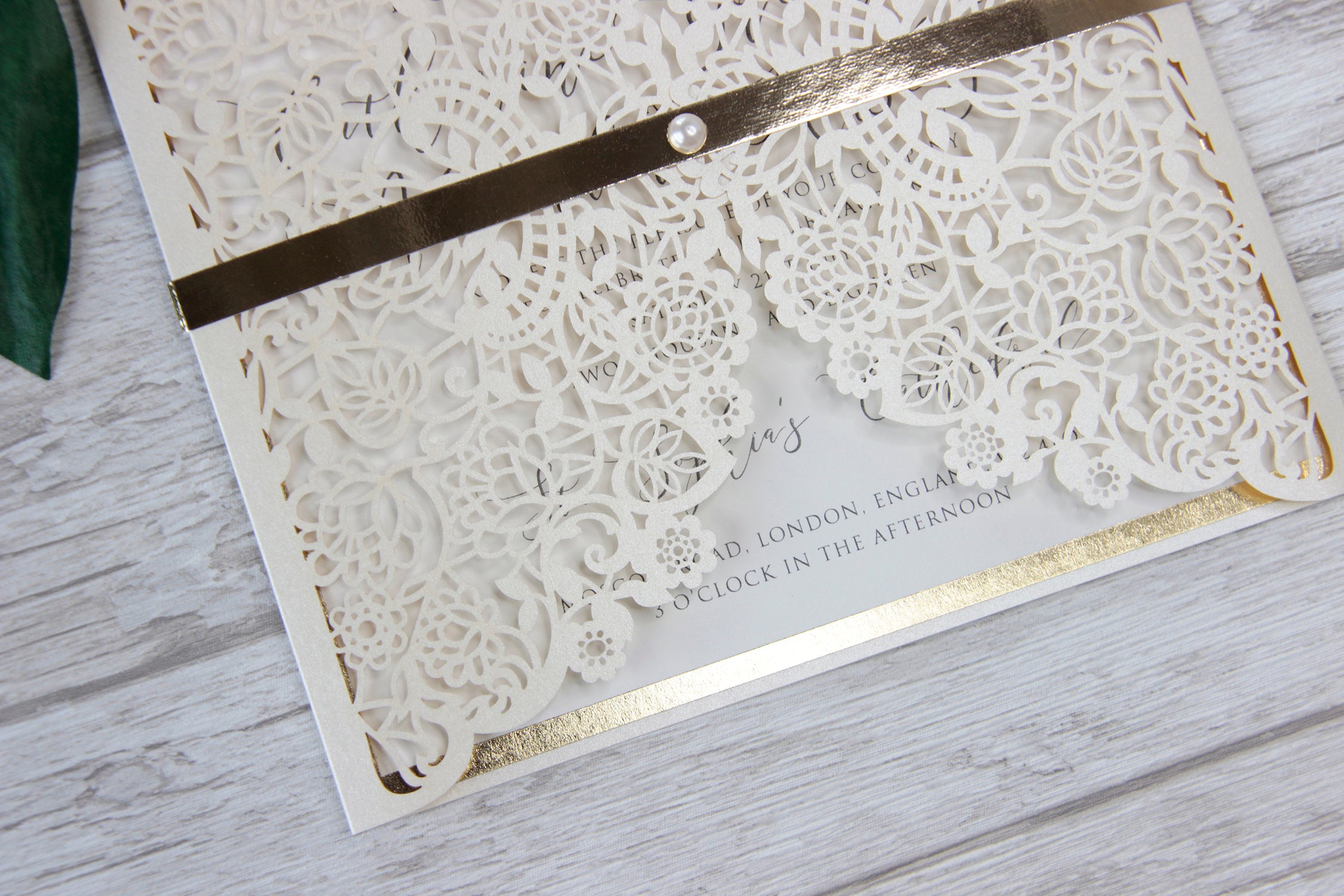 Cream Square Wedding Invitation Laser Cut Gatefold with Gold Foil Border
