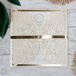 Cream Square Wedding Invitation Laser Cut Gatefold with Gold Foil Border
