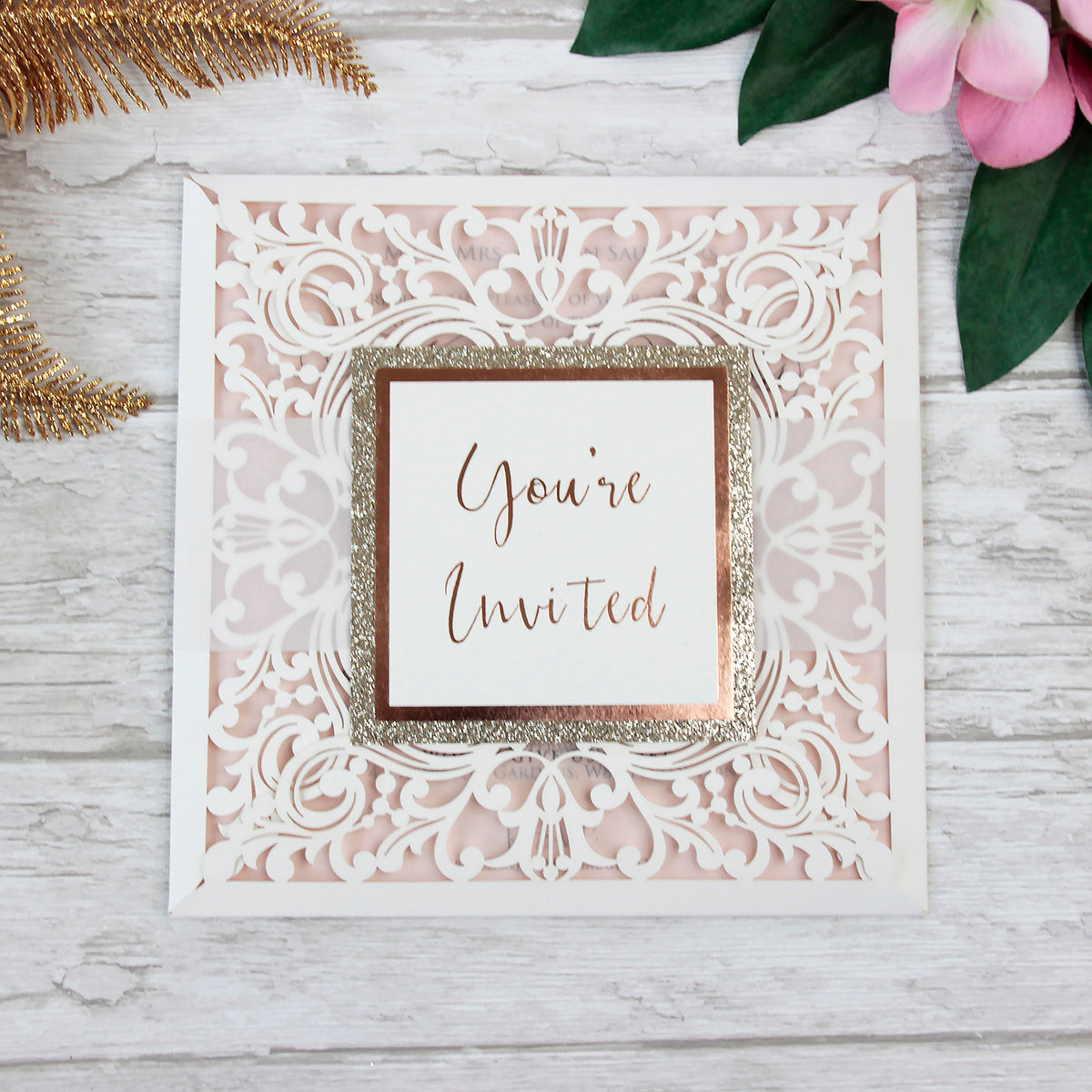 Lace Elegant Square Wedding Invitations with Gold Glitter