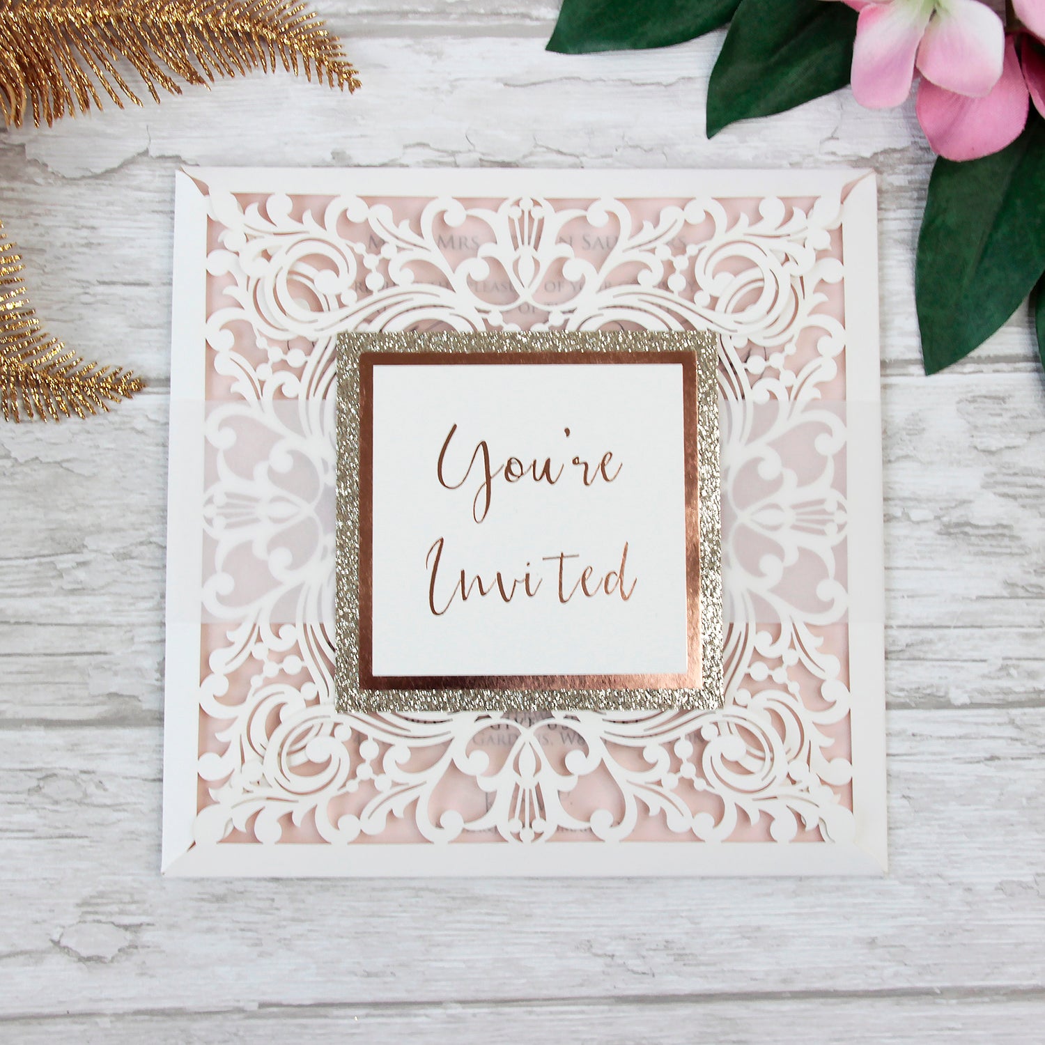 Lace Elegant Square Wedding Invitations with Gold Glitter