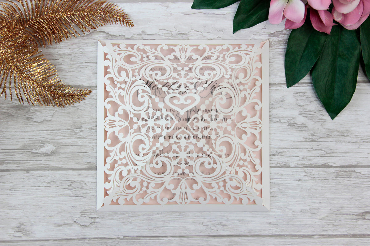 Lace Elegant Square Wedding Invitations with Gold Glitter