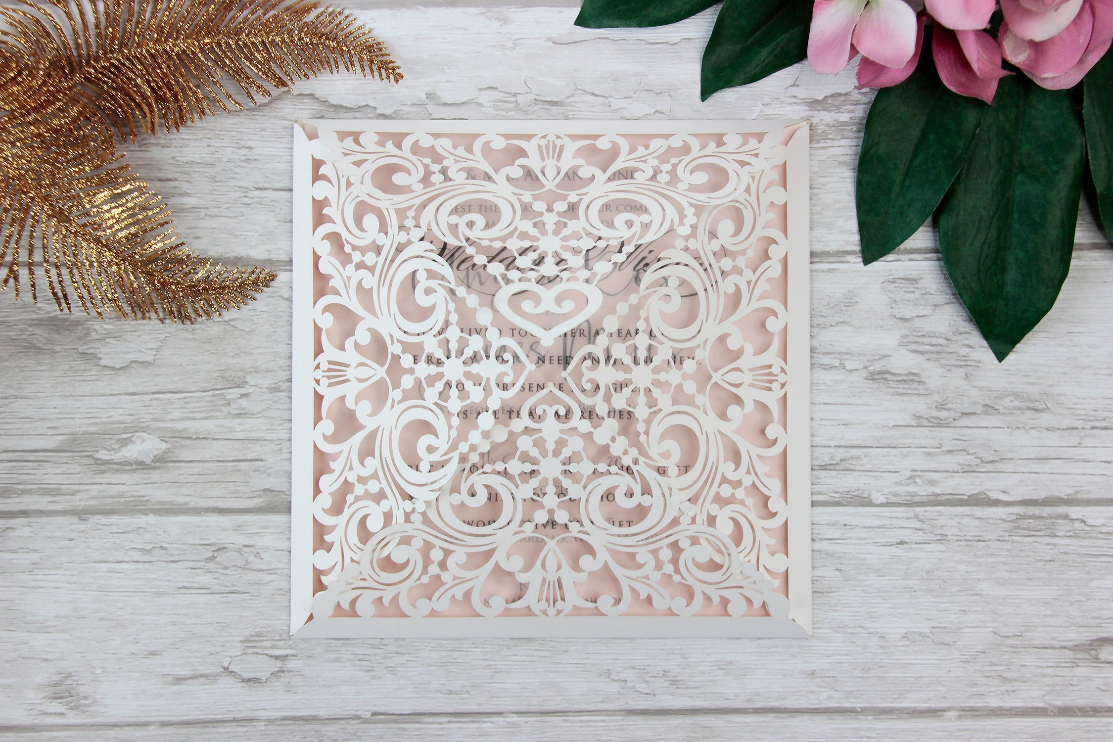 Lace Elegant Square Wedding Invitations with Gold Glitter