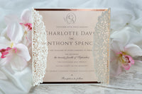 Square Gatefold Elegant Lace Invitations with Rose Gold Foil Border