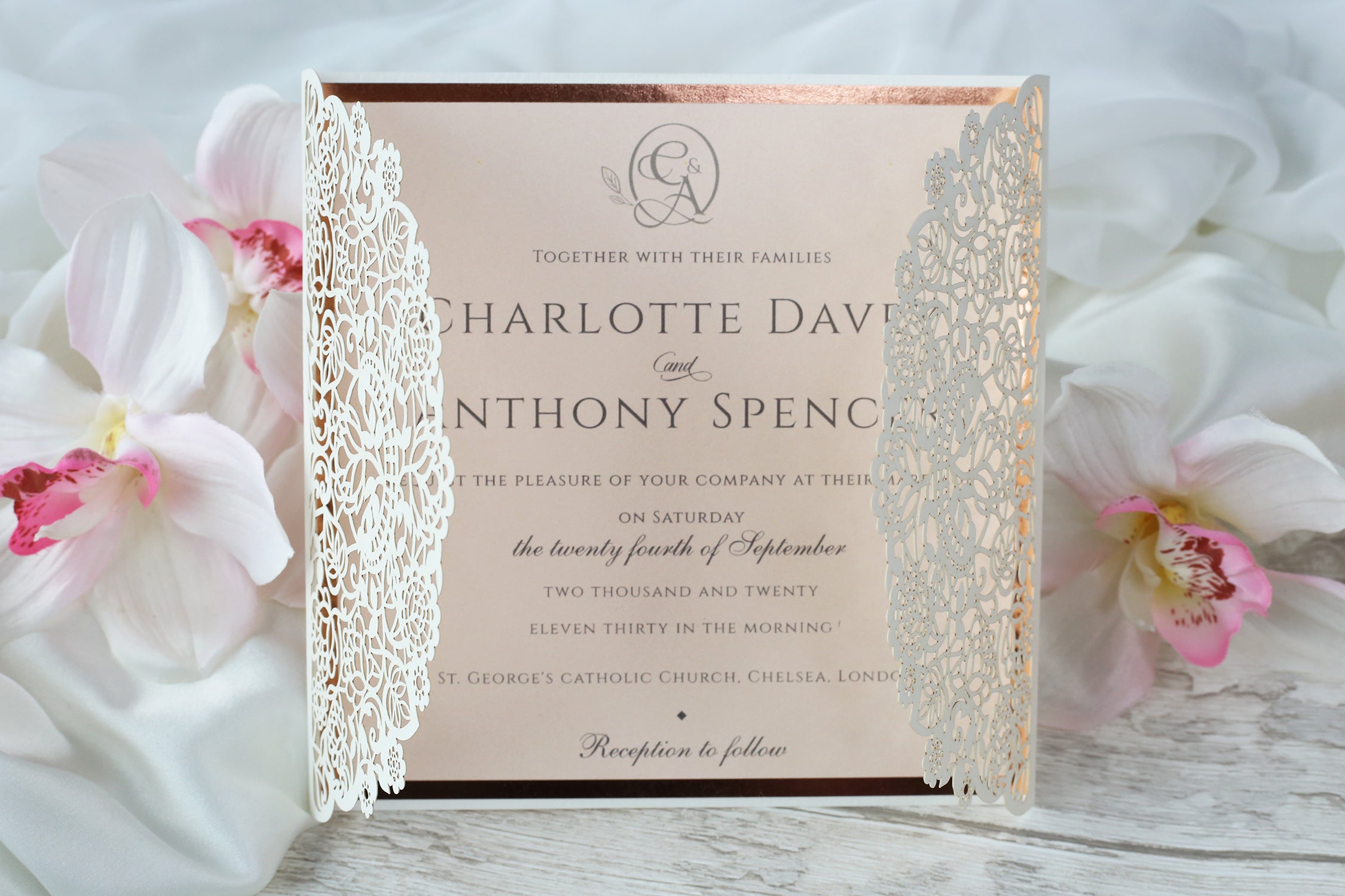 Square Gatefold Elegant Lace Invitations with Rose Gold Foil Border