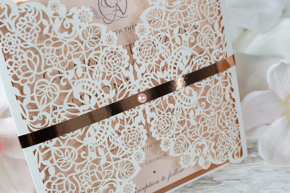 Square Gatefold Elegant Lace Invitations with Rose Gold Foil Border