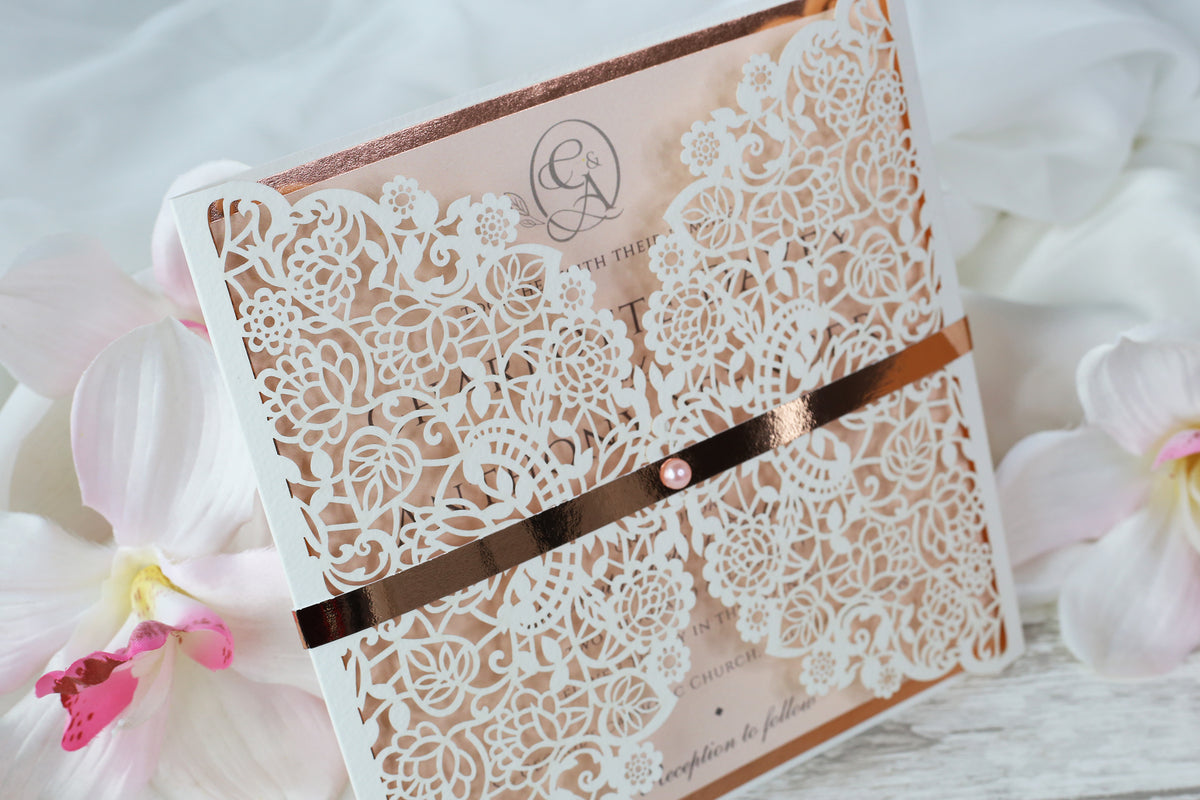 Square Gatefold Elegant Lace Invitations with Rose Gold Foil Border
