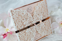 Square Gatefold Elegant Lace Invitations with Rose Gold Foil Border