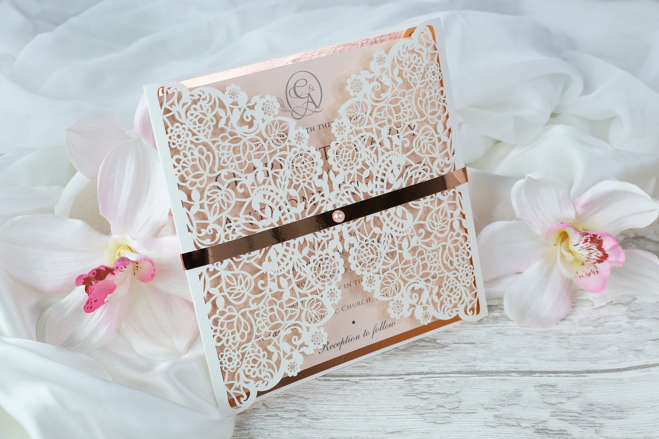 Square Gatefold Elegant Lace Invitations with Rose Gold Foil Border