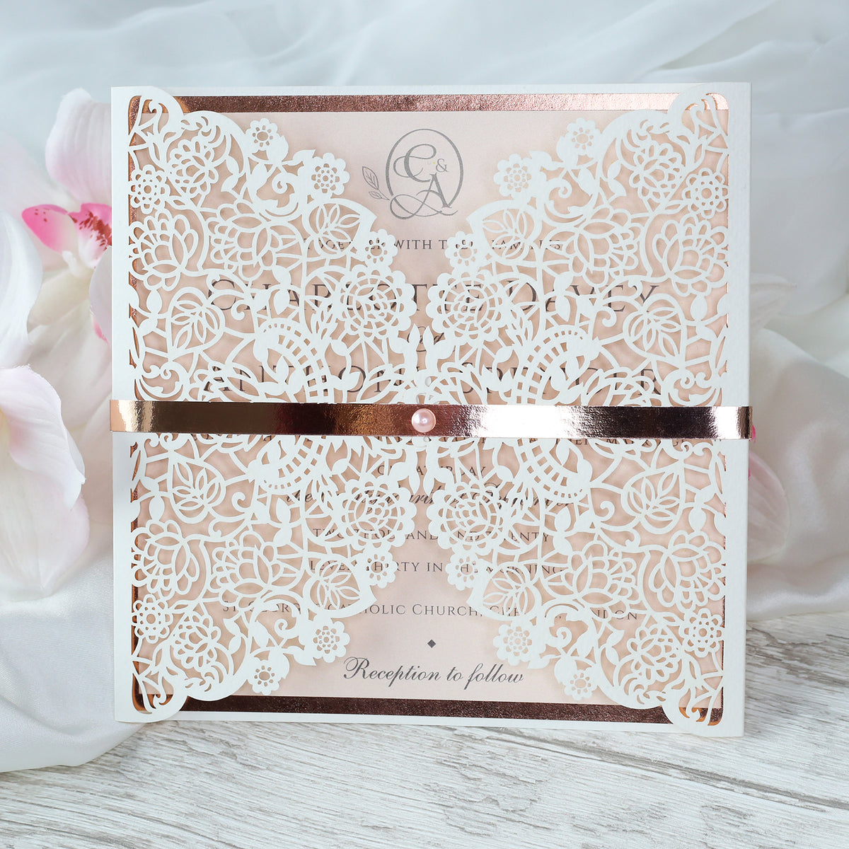 Square Gatefold Elegant Lace Invitations with Rose Gold Foil Border
