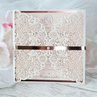 Square Gatefold Elegant Lace Invitations with Rose Gold Foil Border