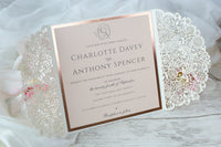 Square Gatefold Elegant Lace Invitations with Rose Gold Foil Border