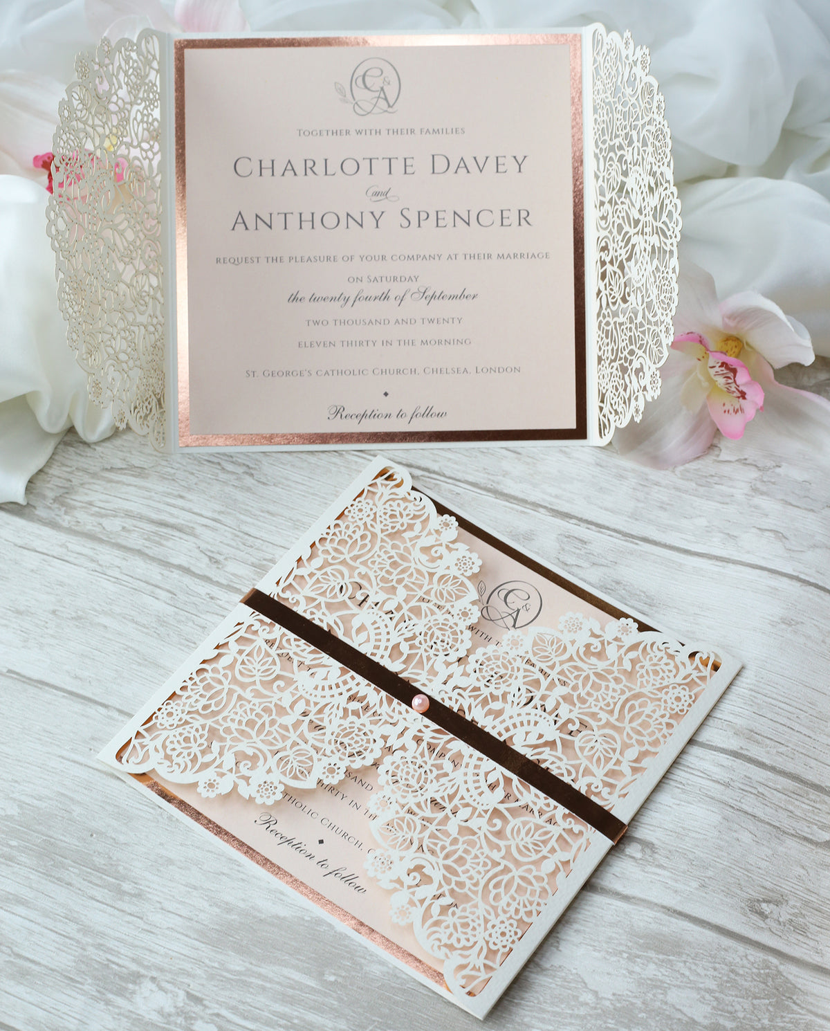 Square Gatefold Elegant Lace Invitations with Rose Gold Foil Border