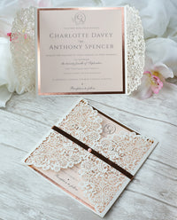 Square Gatefold Elegant Lace Invitations with Rose Gold Foil Border