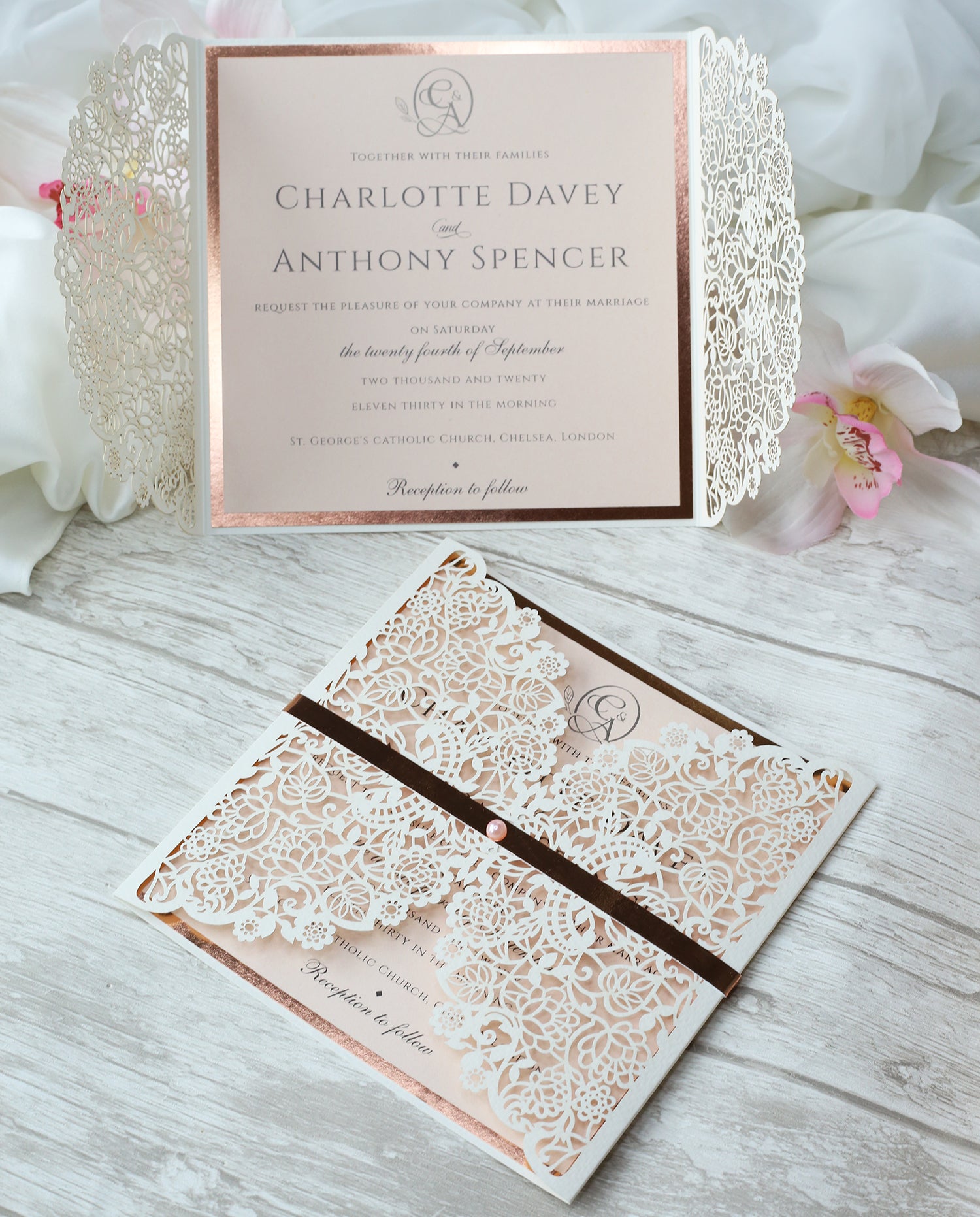 Square Gatefold Elegant Lace Invitations with Rose Gold Foil Border