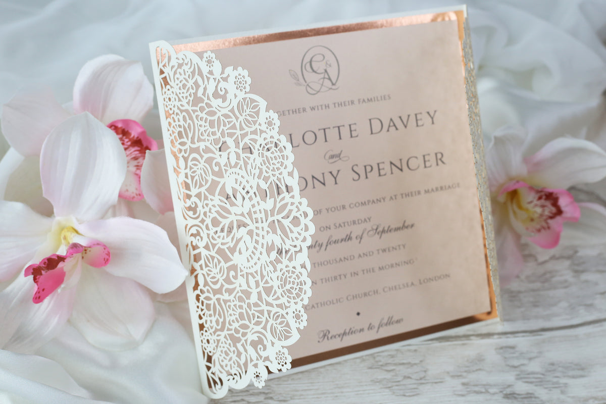 Square Gatefold Elegant Lace Invitations with Rose Gold Foil Border