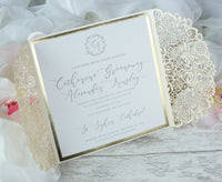 Cream Square Wedding Invitation Laser Cut Gatefold with Ribbon