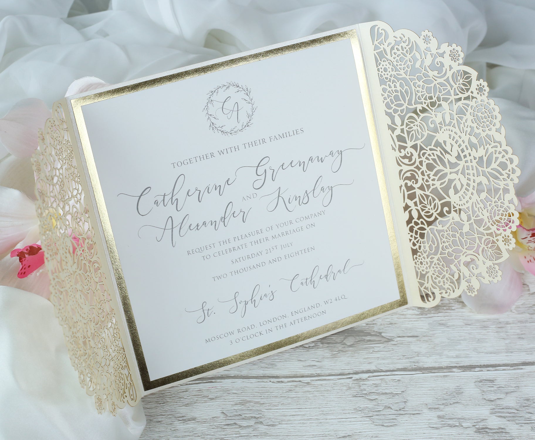 Cream Square Wedding Invitation Laser Cut Gatefold with Ribbon