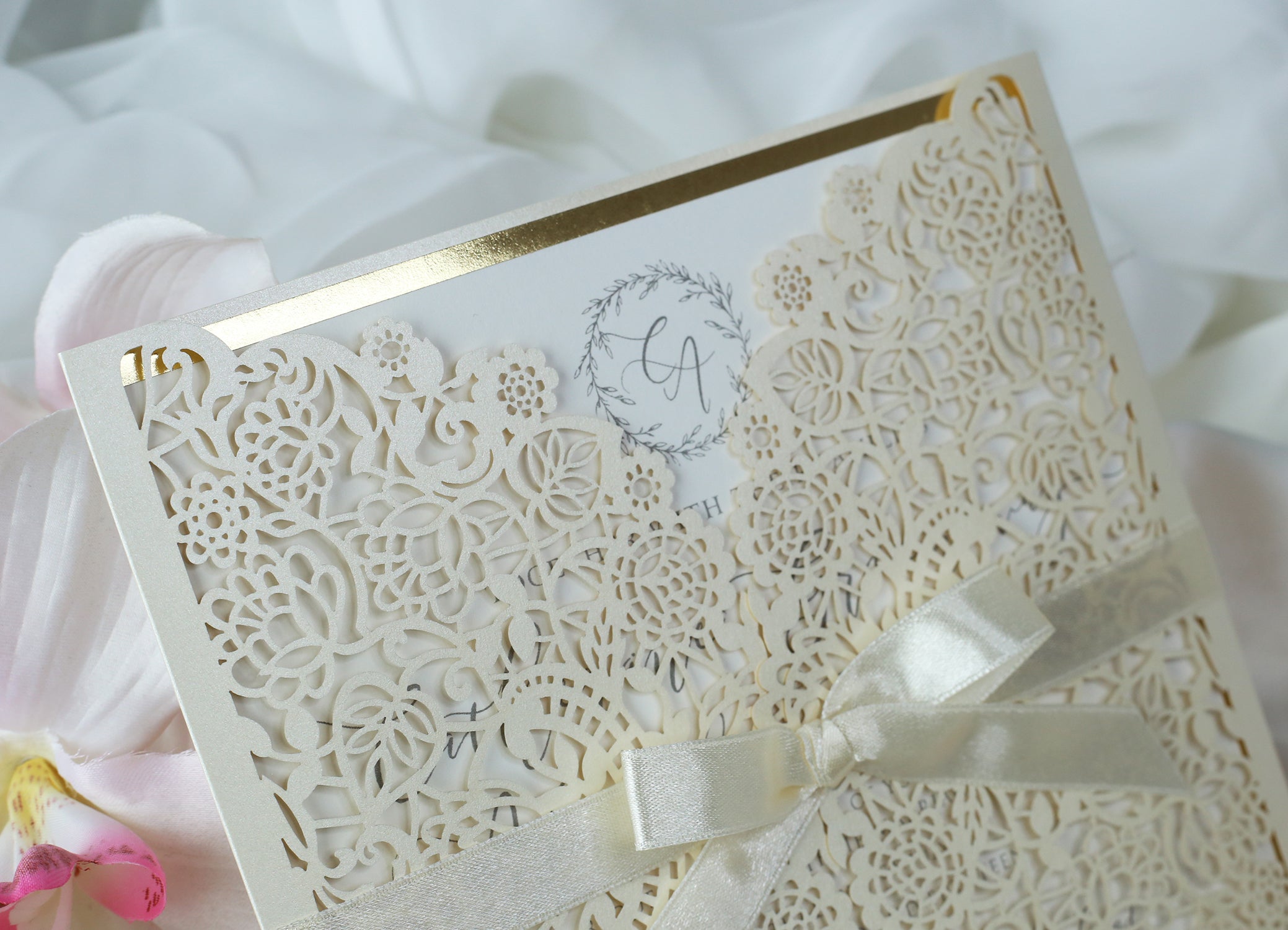 Cream Square Wedding Invitation Laser Cut Gatefold with Ribbon