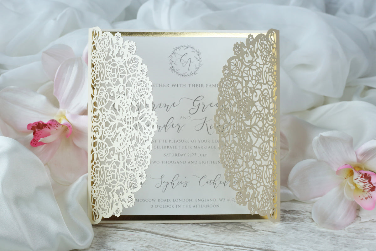 Cream Square Wedding Invitation Laser Cut Gatefold with Ribbon