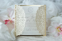 Cream Square Wedding Invitation Laser Cut Gatefold with Ribbon