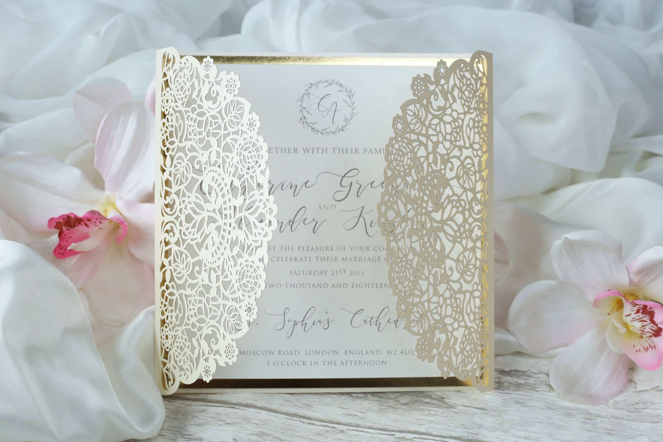 Cream Square Wedding Invitation Laser Cut Gatefold with Ribbon