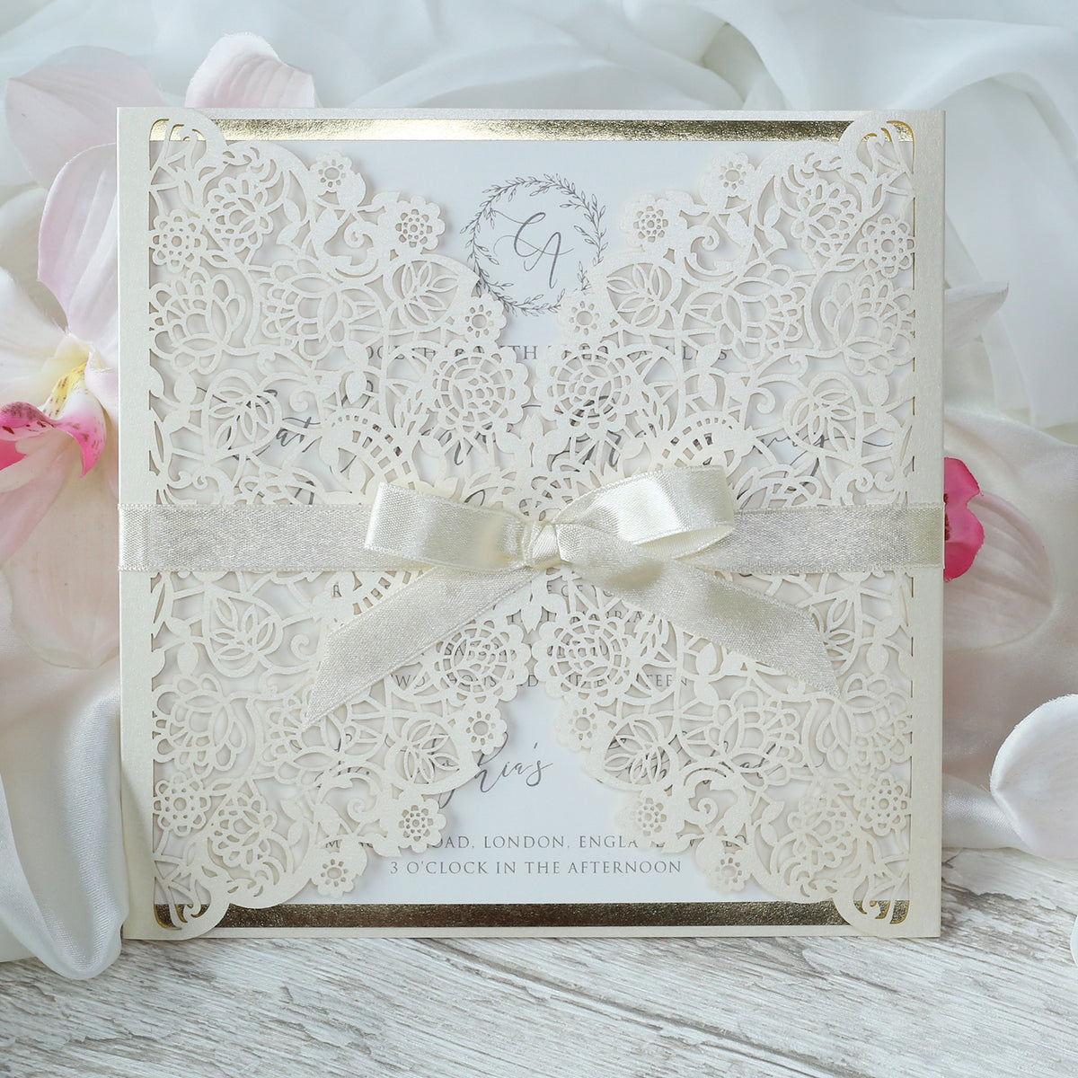 Cream Square Wedding Invitation Laser Cut Gatefold with Ribbon