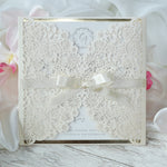Cream Square Wedding Invitation Laser Cut Gatefold with Ribbon