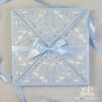 DIY Invitations Wedding Invitation Cards Laser Cut with Cream Lace + Envelope Elegant Blue Satin Ribbon Wedding Invitations Birthday