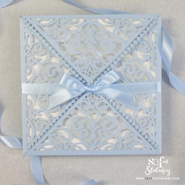 DIY Invitations Wedding Invitation Cards Laser Cut with Cream Lace + Envelope Elegant Blue Satin Ribbon Wedding Invitations Birthday