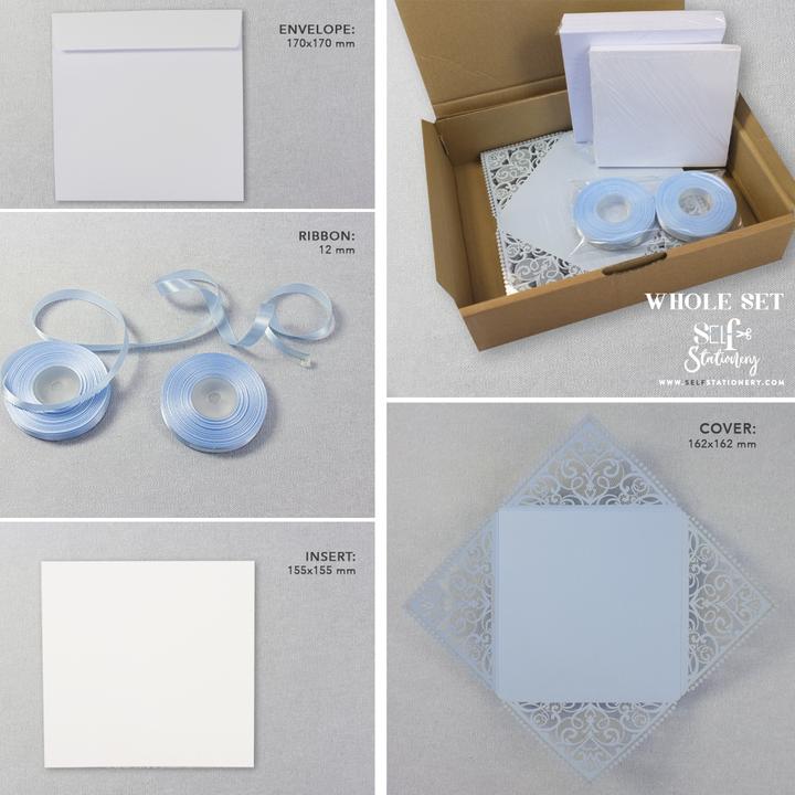 DIY Invitations Wedding Invitation Cards Laser Cut with Cream Lace + Envelope Elegant Blue Satin Ribbon Wedding Invitations Birthday