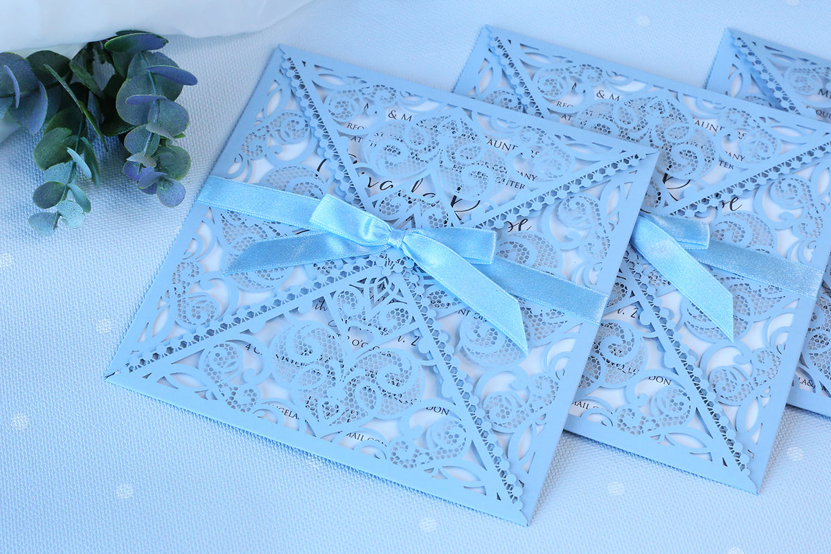 DIY Invitations Wedding Invitation Cards Laser Cut with Cream Lace + Envelope Elegant Blue Satin Ribbon Wedding Invitations Birthday