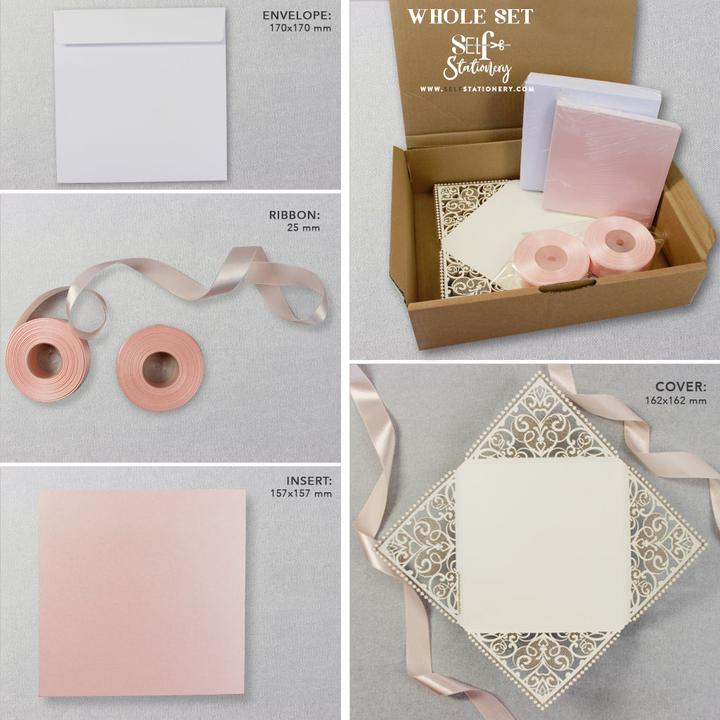 DIY Invitations Wedding Invitation Cards Laser Cut with Cream Lace + Envelope Elegant Pink Satin Ribbon Wedding Invitations Birthday