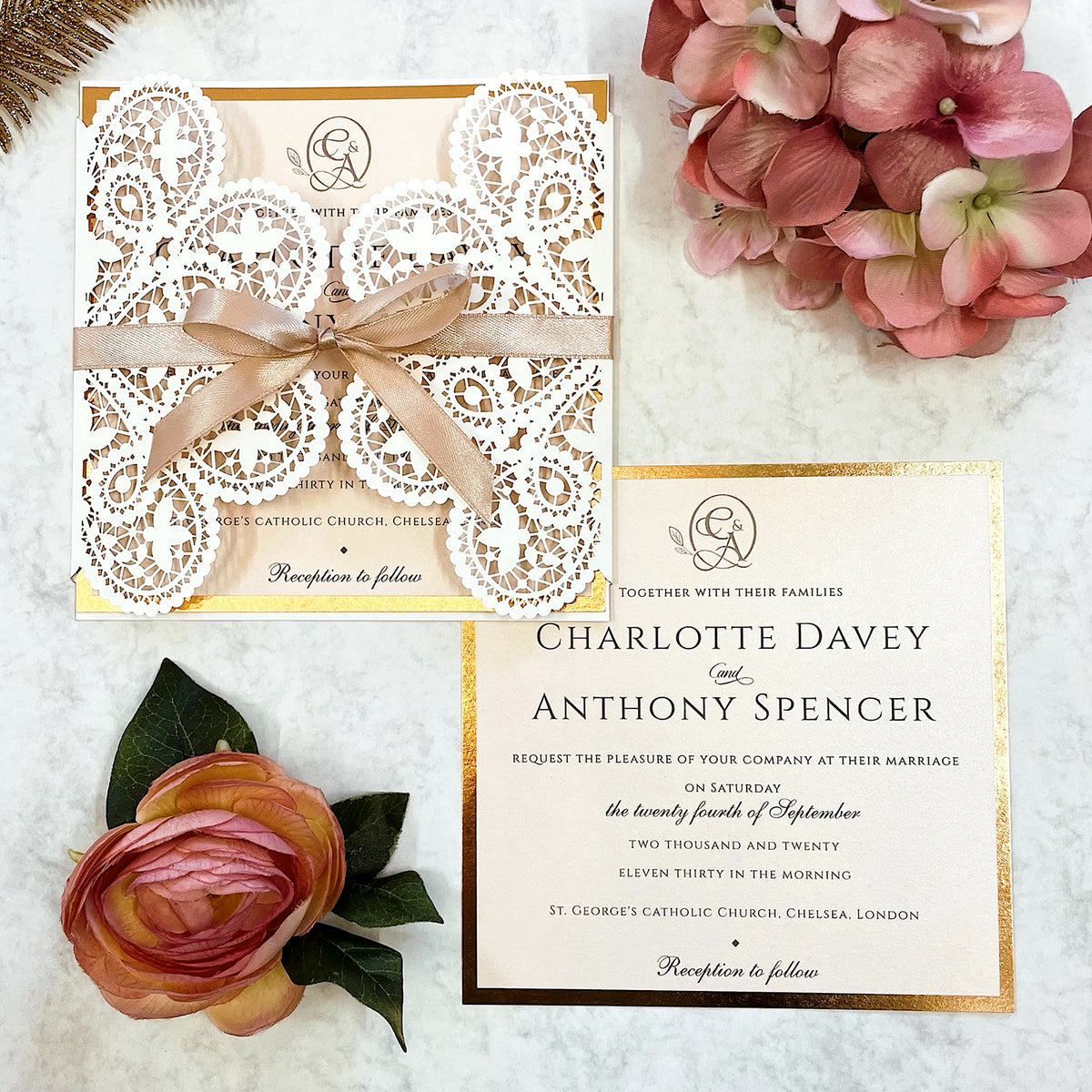 Laser cut White Lace Effect Wedding Invitation, Matching Dusty Peach Ribbon & Envelope