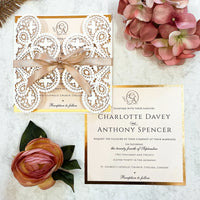 Laser cut White Lace Effect Wedding Invitation, Matching Dusty Peach Ribbon & Envelope