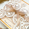 Laser cut White Lace Effect Wedding Invitation, Matching Dusty Peach Ribbon & Envelope