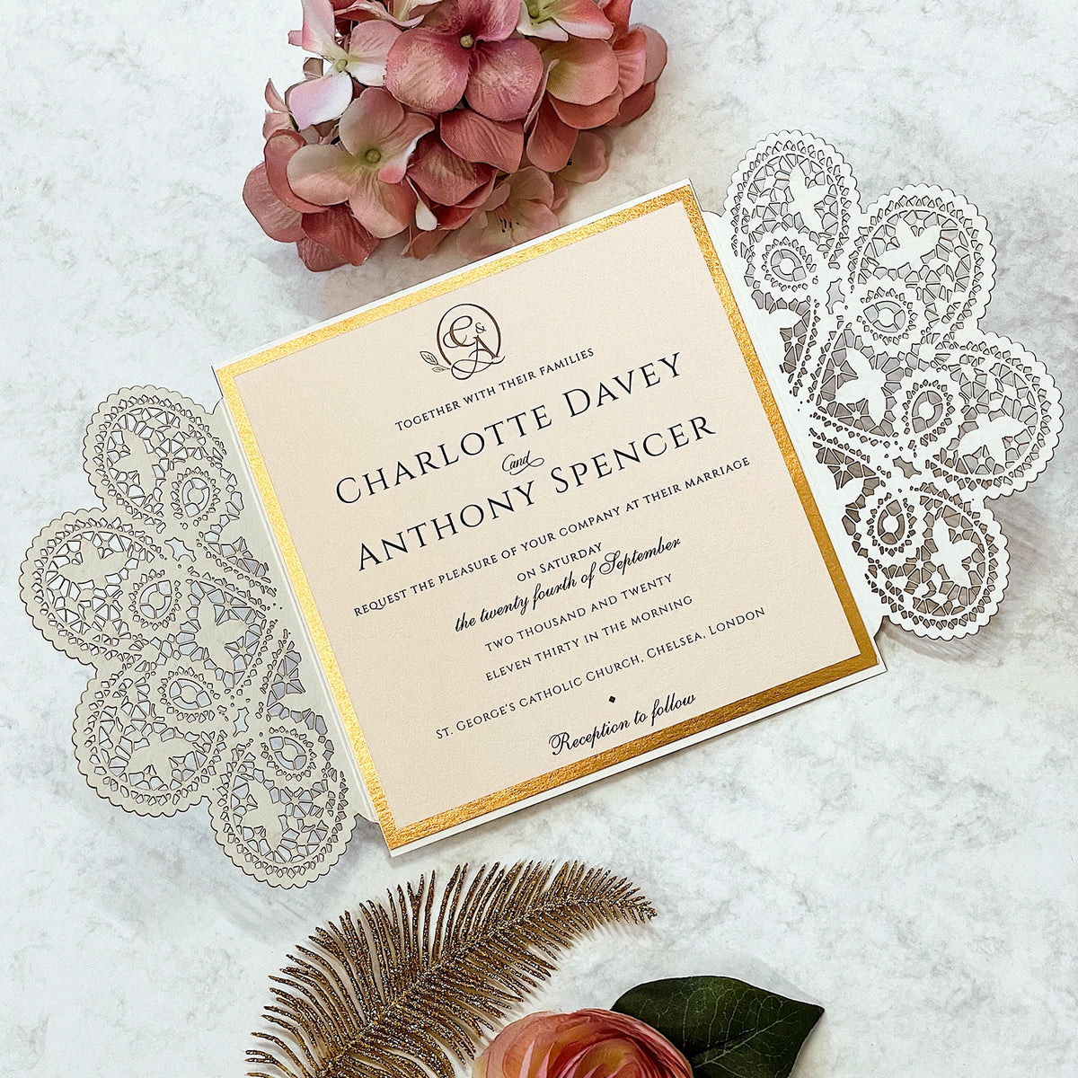 Laser cut White Lace Effect Wedding Invitation, Matching Dusty Peach Ribbon & Envelope
