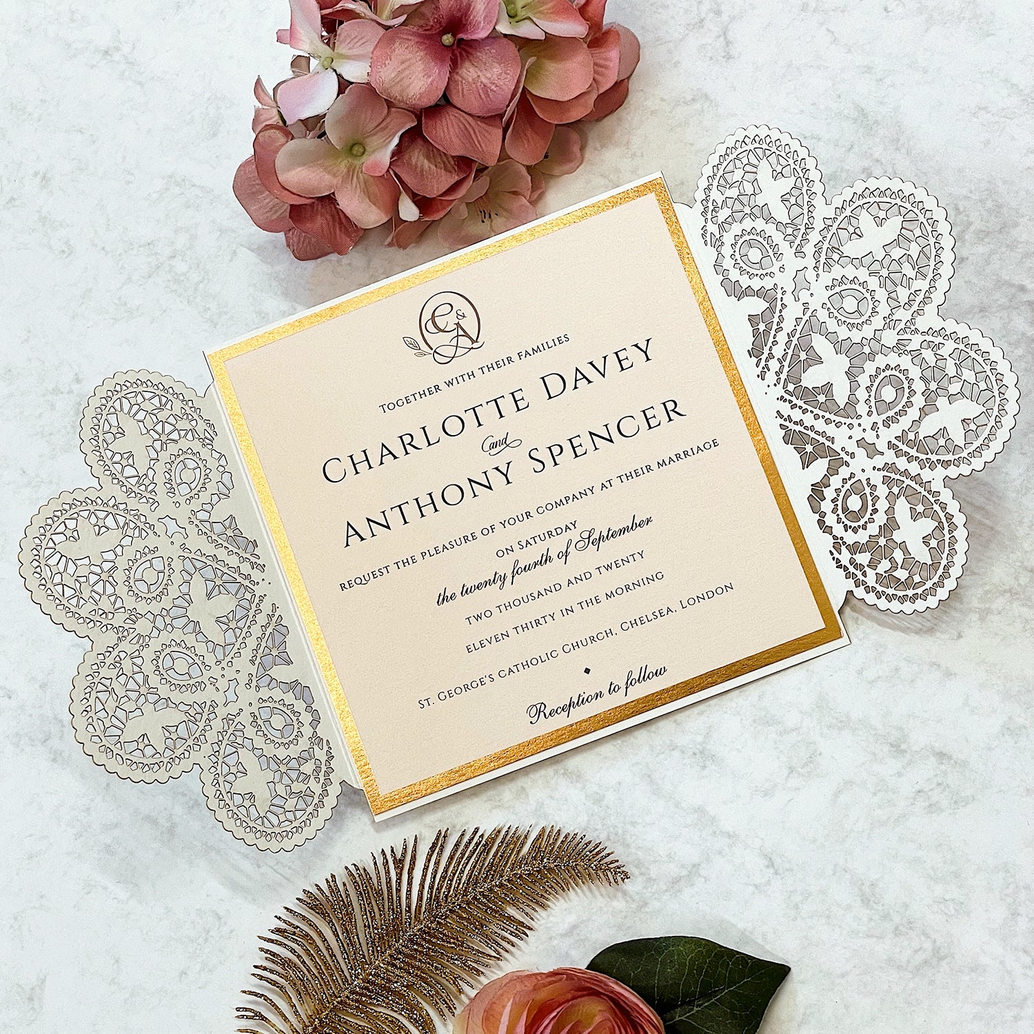 Laser cut White Lace Effect Wedding Invitation, Matching Dusty Peach Ribbon & Envelope