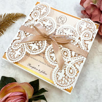 Laser cut White Lace Effect Wedding Invitation, Matching Dusty Peach Ribbon & Envelope