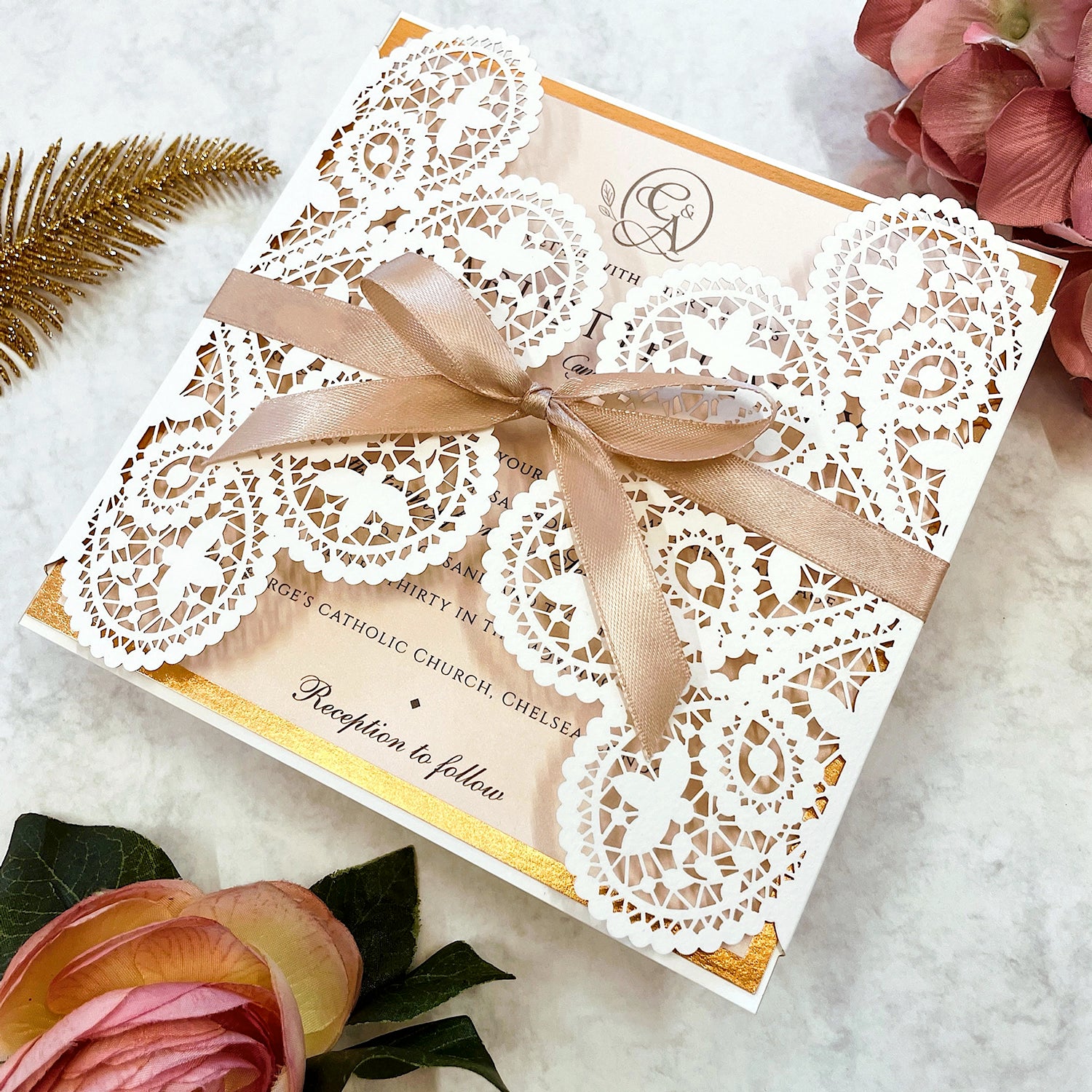 Laser cut White Lace Effect Wedding Invitation, Matching Dusty Peach Ribbon & Envelope