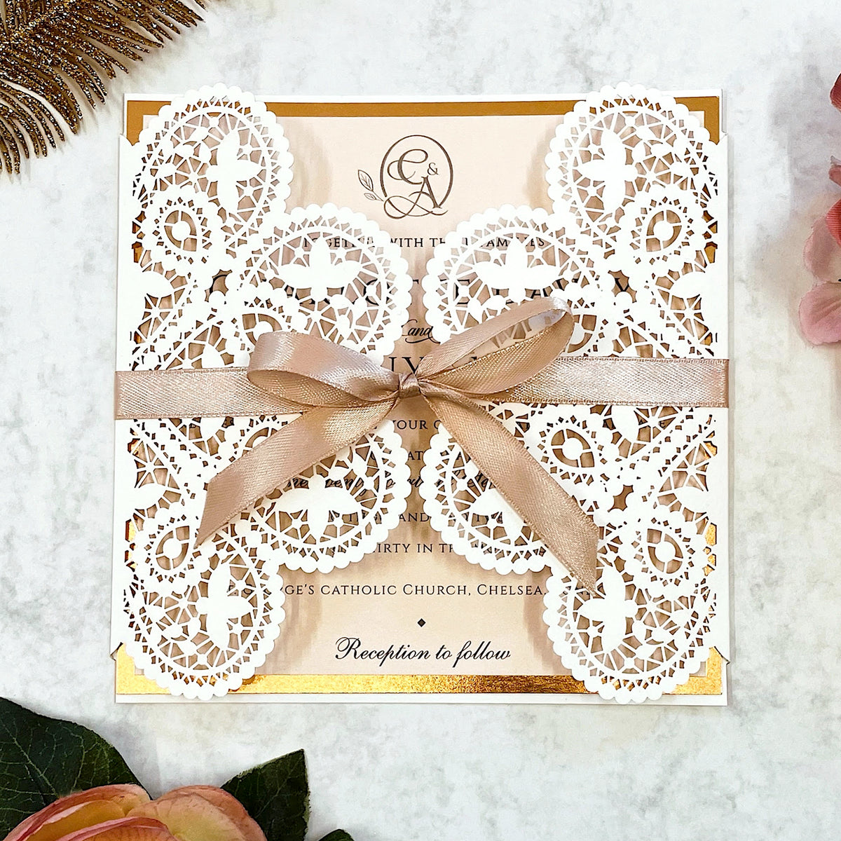 Laser cut White Lace Effect Wedding Invitation, Matching Dusty Peach Ribbon & Envelope