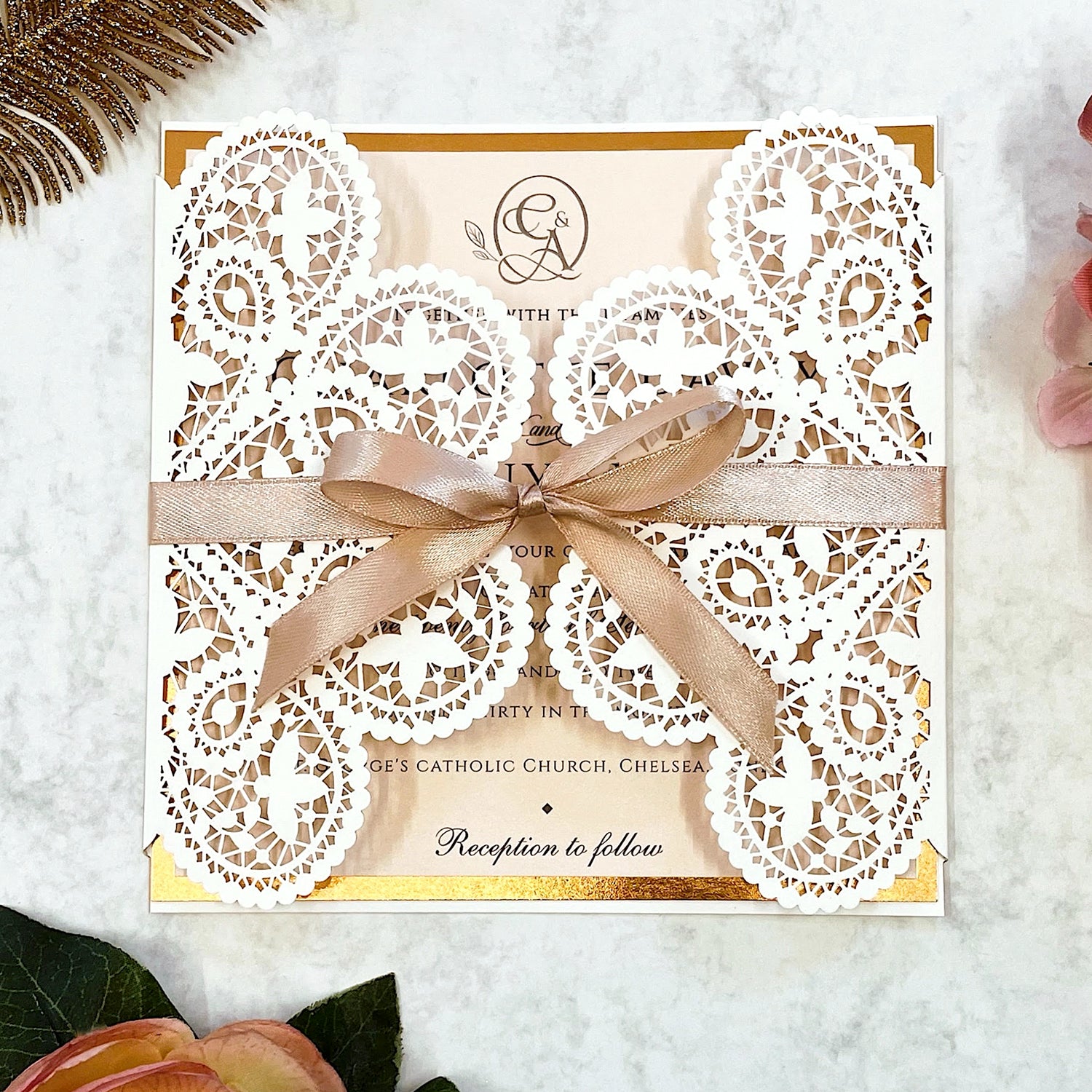 Laser cut White Lace Effect Wedding Invitation, Matching Dusty Peach Ribbon & Envelope