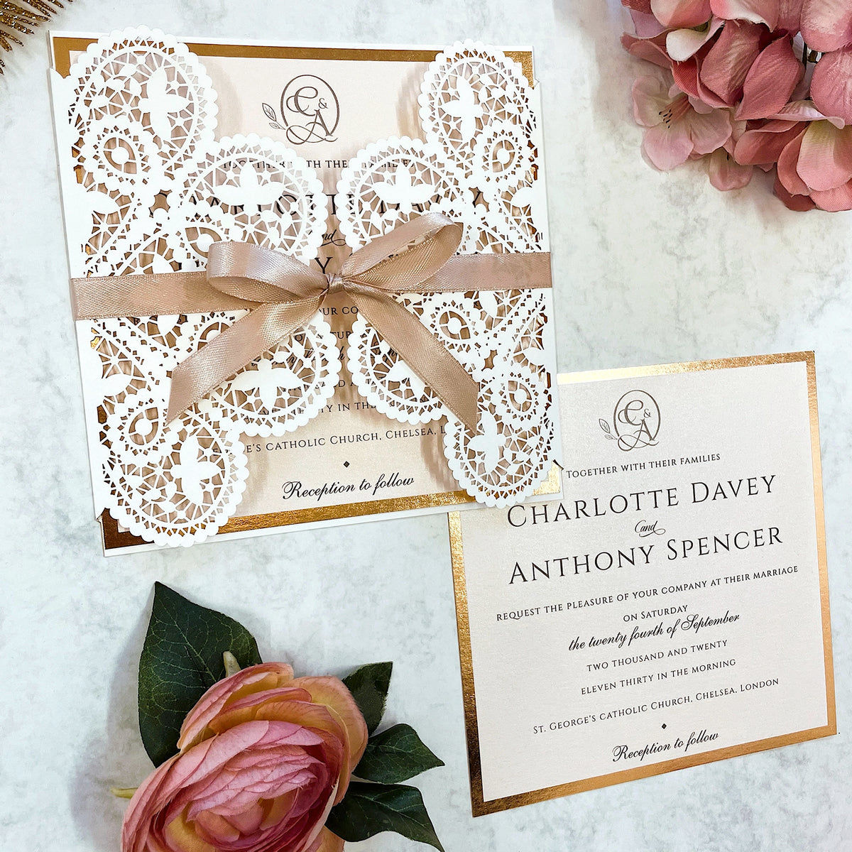 Laser cut White Lace Effect Wedding Invitation, Matching Dusty Peach Ribbon & Envelope
