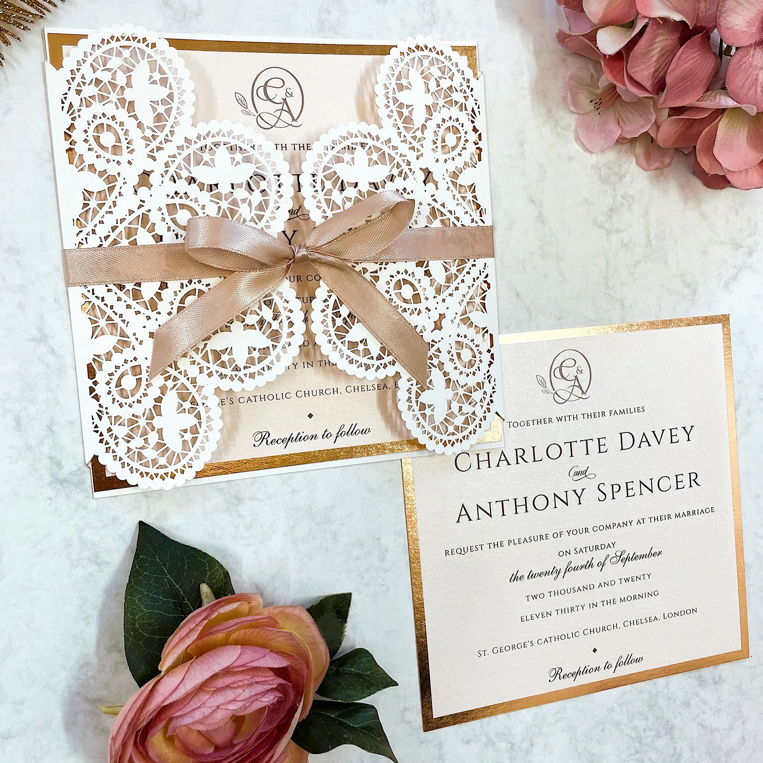 Laser cut White Lace Effect Wedding Invitation, Matching Dusty Peach Ribbon & Envelope