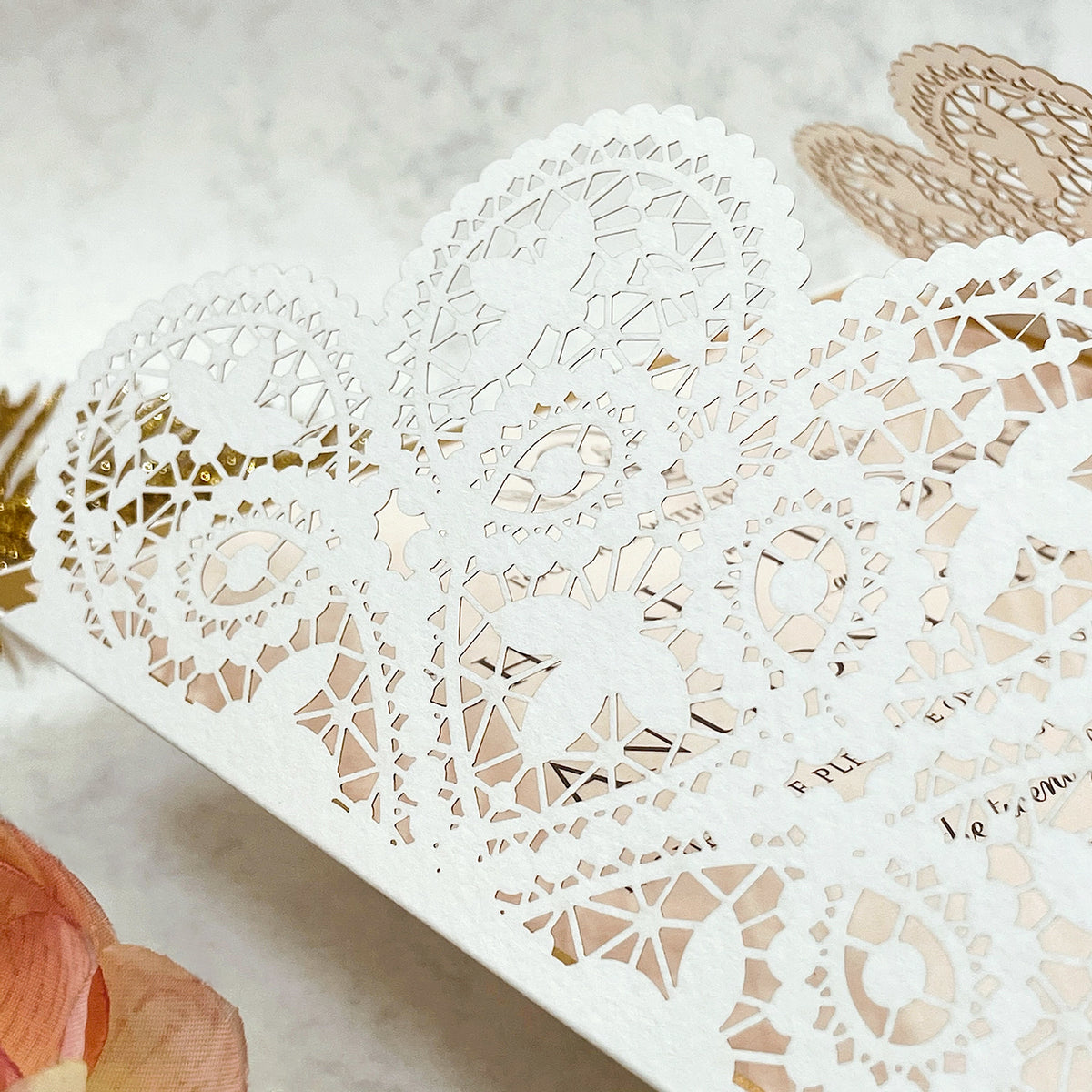 Laser cut White Lace Effect Wedding Invitation, Matching Dusty Peach Ribbon & Envelope