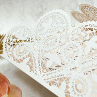 Laser cut White Lace Effect Wedding Invitation, Matching Dusty Peach Ribbon & Envelope
