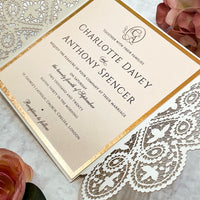 Laser cut White Lace Effect Wedding Invitation, Matching Dusty Peach Ribbon & Envelope