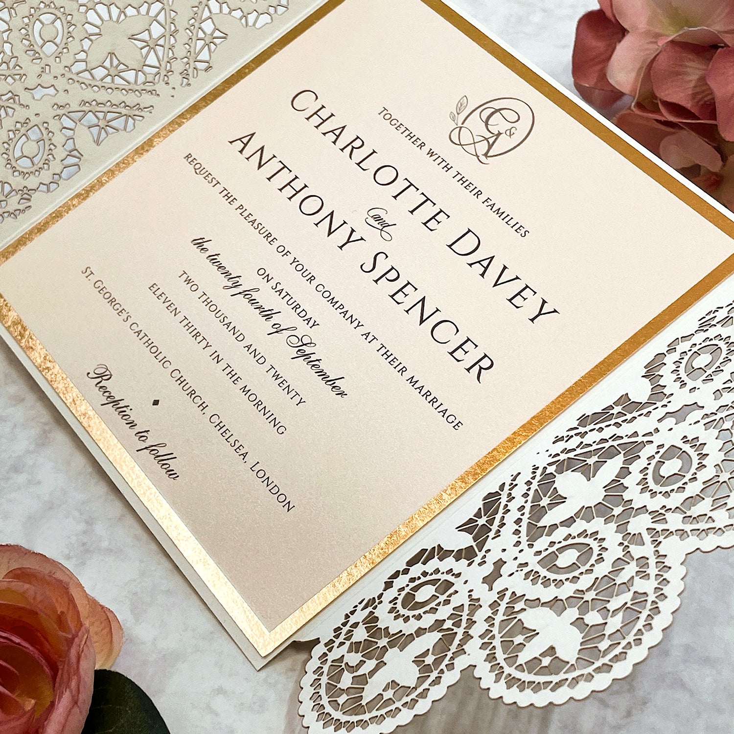 Laser cut White Lace Effect Wedding Invitation, Matching Dusty Peach Ribbon & Envelope