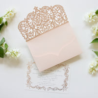 Peach Laser Cut Pocket Wedding Invitations with Rose Gold Ornament