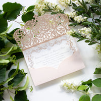 Peach Laser Cut Pocket Wedding Invitations with Rose Gold Ornament