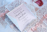 DIY Invitations Wedding Invitation Cards Laser Cut with Cream Lace + Envelope Elegant Pink Satin Ribbon Wedding Invitations Birthday